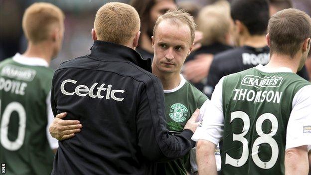 Neil Lennon embraces Leigh Griffiths during the striker's time with Hibs