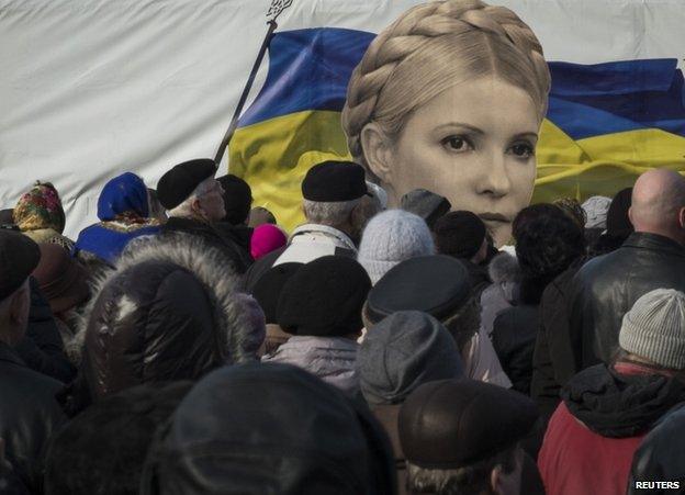 Protesters with an image of Yulia Tymoshenko in Kiev, 7 January