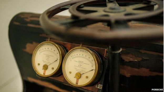 Close up of dials on first Porsche