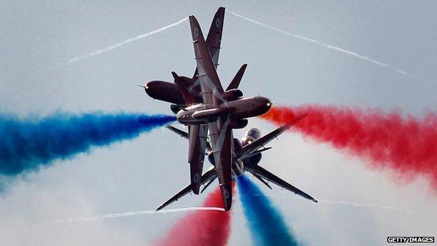 The Red Arrows perform the Gypo Split during their first public aerobatic display since the death of Flt Lt Jon Egging