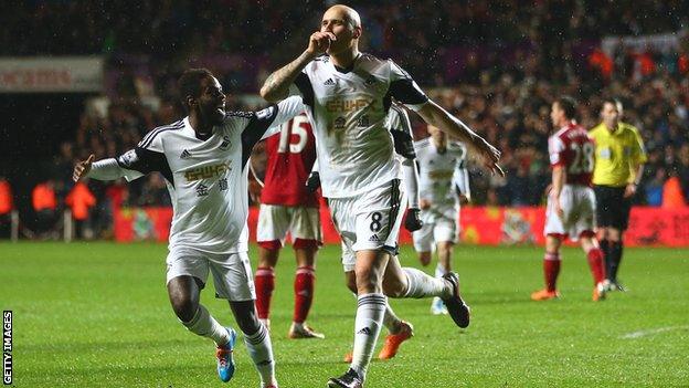 Jonjo Shelvey of Swansea City celebrates scoring the opening goal