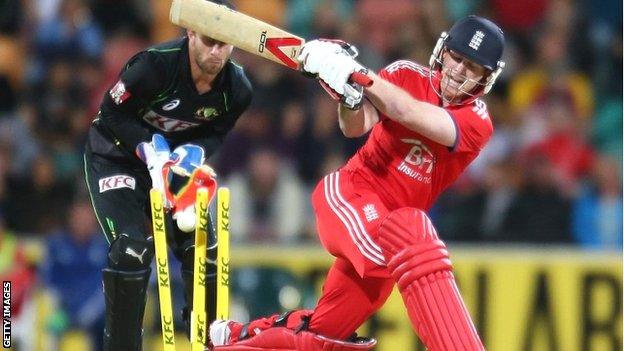 England batsman Eoin Morgan is bowled for four in Hobart