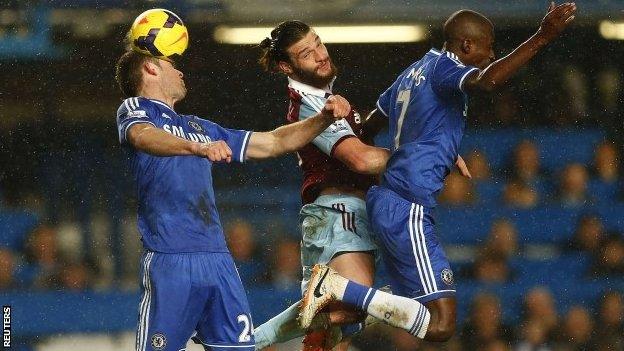 Chelsea's Gary Cahill (left) and Ramires (right) challenge West Ham United's Andy Carroll