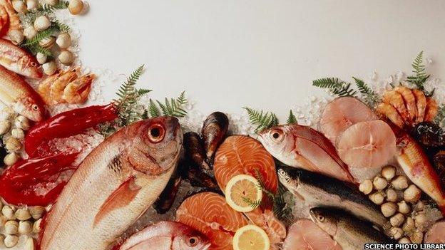 Picture of fish, nuts and other foodstuffs