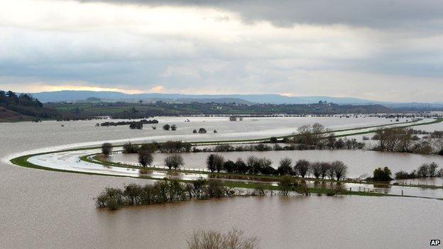 Flooded fields around the River Tone in Somerset