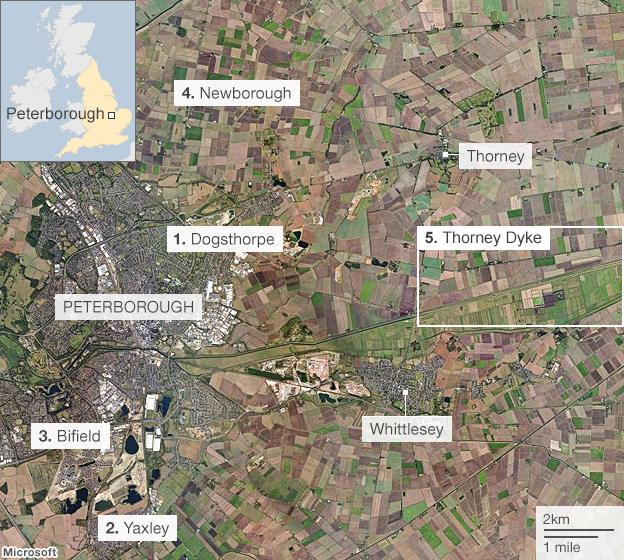Map of the Peterborough area where Joanna Dennehy committed three murders in March 2013