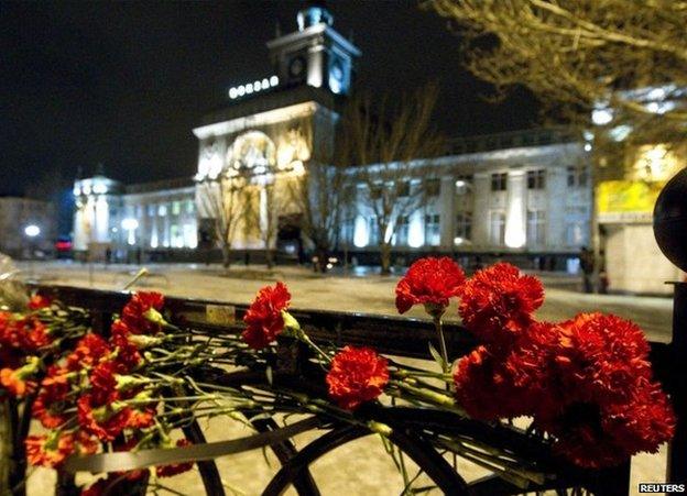 Flowers left outside Volgograd railway station after the bomb attack, 31 December 2013