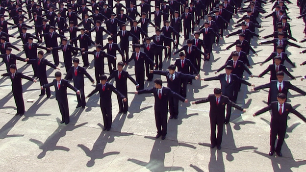 North Korea university parade ground workout