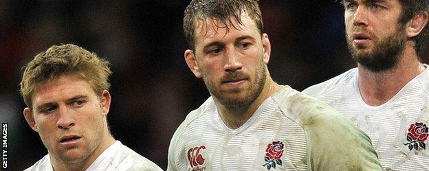 Tom Youngs, Chris Robshaw and Geoff Parling look dejected after their defeat by Wales in Cardiff last year