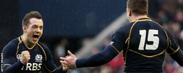 Scotland scrum-half Greig Laidlaw celebrates with full-back Stuart Hogg