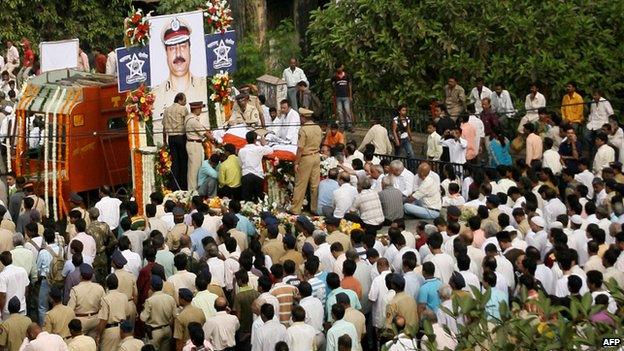 funeral procession of Indian Anti-Terrorism Squad (ATS) chief, Hemant Karkare in Mumbai on November 29, 2008. Karkare was killed by militants near Cama Hospital