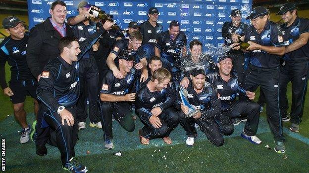 New Zealand celebrate winning the one-day series