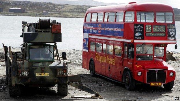 A red bus in the Falklands