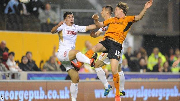 Bjorn Sigurdarson heads Wolverhampton Wanderers ahead against Crawley Town