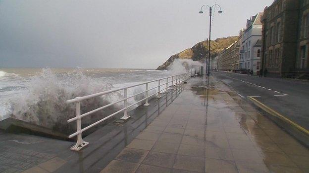 Waves hitting Aberystwyth seafront