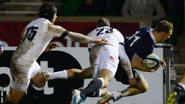 Byron McGuigan goes over to score for Scotland