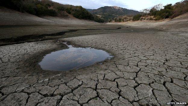 Small pool of water is surrounded by cracked earth at the Almaden Reservoir (28 January 2014)