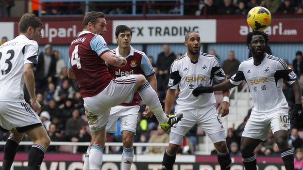 West Ham captain Kevin Nolan (second left) heads in his side's second against Swansea