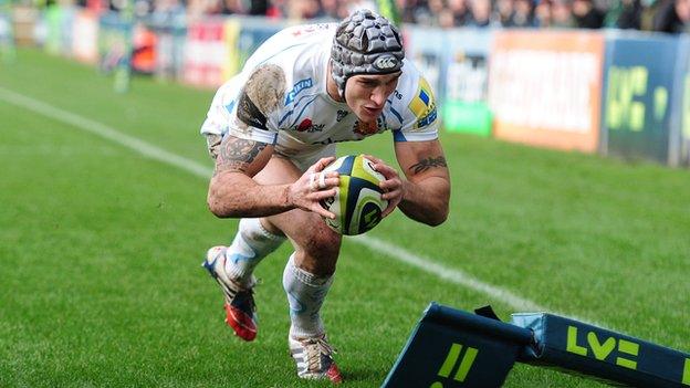 Exeter winger Tom James scores the Chiefs' opening try at Sixways