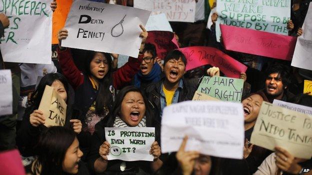 Protesters - mostly students from north-eastern states of India - shout slogans during a protest in Delhi, India, on 1 February 2014