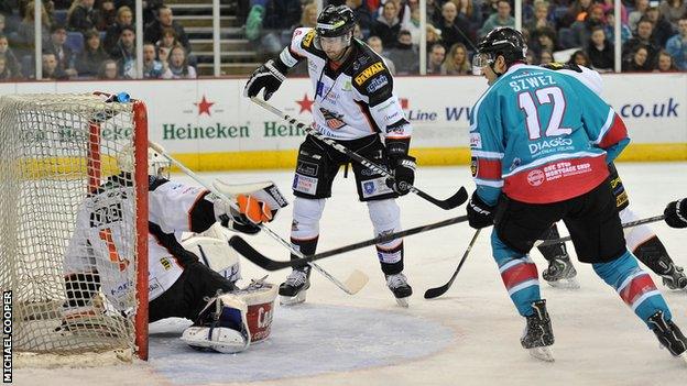 Jeffrey Szwez scores Belfast's second goal in Saturday's game