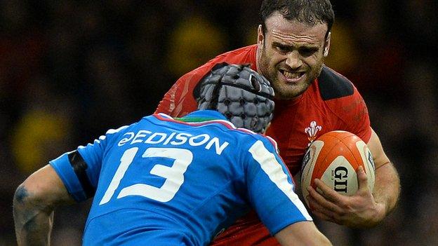 Jamie Roberts of Wales is tackled in the win over Italy