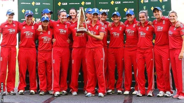 The England Women squad with the Women's Ashes trophy after their 10-8 series win against Australia