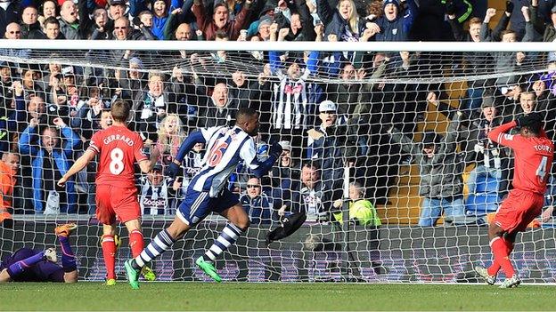 West Brom striker Victor Anichebe (right) wheels away to celebrate after his goal against Liverpool