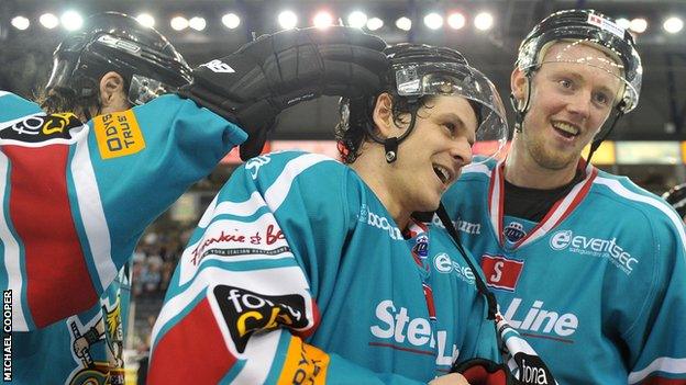 Craig Peacock is congratulated after his two goals helped Belfast Giants beat Sheffield on Sunday