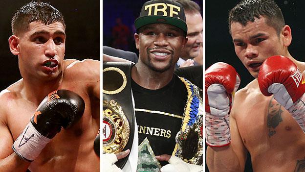 Amir Khan (left), Floyd Mayweather (centre) and Marcos Maidana