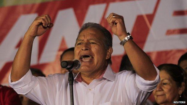 Salvador Sanchez Ceren, presidential candidate for the Farabundo Marti Front for National Liberation (FMLN), speaks to his supporters in San Salvador on 3 February, 2014