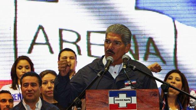 Salvadoran presidential candidate for the National Republican Alliance party, Norman Quijano, speaks to supporters on 2 February 2014