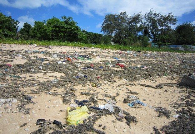Beach strewn with rubbish