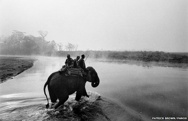 A small group of Royal Nepalese soldiers patrol the Royal Chitwan National Park (RCNP) at dawn