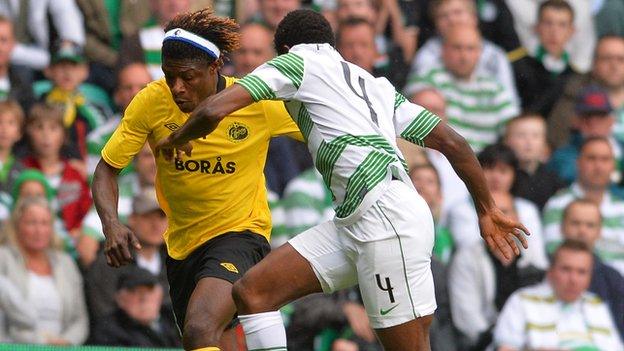 Mo Bangura (left) in action for Elfsborg against Celtic