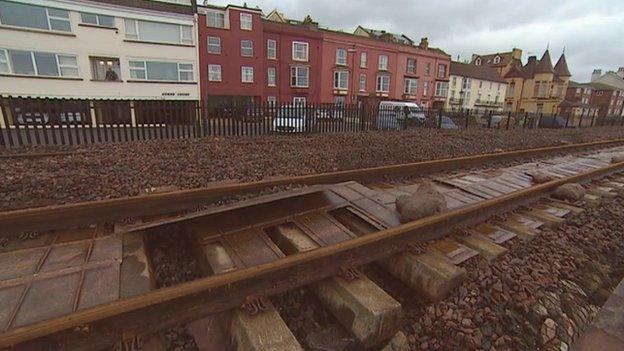 Damaged rail line at Dawlish