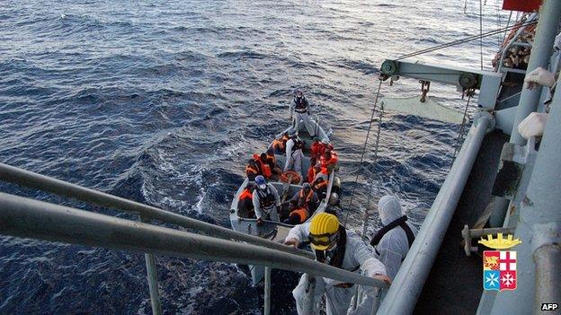 Immigrants rescued by Italian navy near Italian island of Lampedusa. 2 Jan 2014