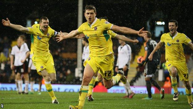 Sheffield United substitute Shaun Miller celebrates his winner in the FA Cup against Fulham