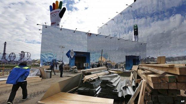 Last-minute work continues in construction of the Olympic Superstore in Olympic Park, ahead of the 2014 Winter Olympics, on Wednesday