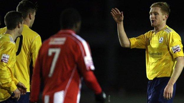 Mike Grogan celebrates his goal for Telford at Moss Lane