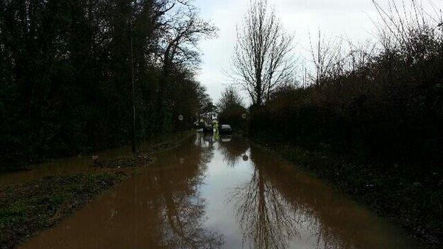 Flooded road at Stoke St Gregory