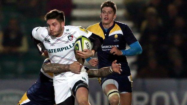 Leicester's Owen Williams is tackled during Leicester's 21-18 LV= Cup win at Sixways in November