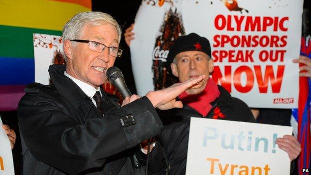 Paul O'Grady and Peter Tatchell at a demonstration outside Downing Street, in Westminster, central London, calling for corporate sponsors of the Sochi Winter Olympic games to speak out against Russia's anti-gay laws on 5 February 2014.