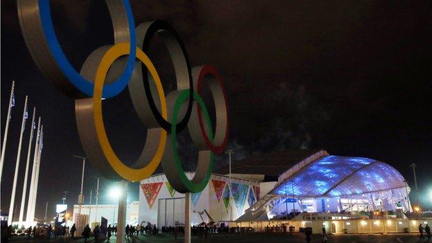 View of the Olympic rings outside the Fisht Olympic Stadium on 4 February 2014