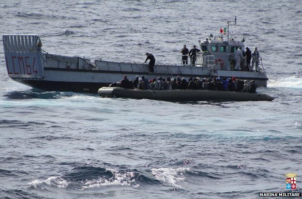 An Italian landing craft pulls alongside clandestine migrants on an inflatable boat south-east of Lampedusa, 5 February