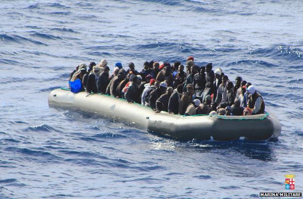 Clandestine migrants on an inflatable boat south-east of Lampedusa, 5 February