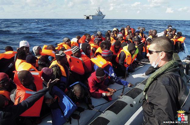 Italian sailors rescue clandestine migrants south-east of Lampedusa, 5 February