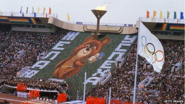 Olympic mascot Misha the bear at Lenin Stadium in July 1980