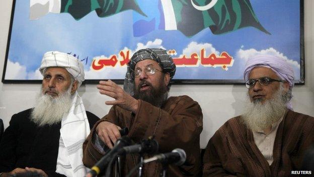 Pakistan Taliban negotiating team from left, Prof Ibrahim Khan, Maulana Sami-ul-Haq, and Maulana Abdul Aziz