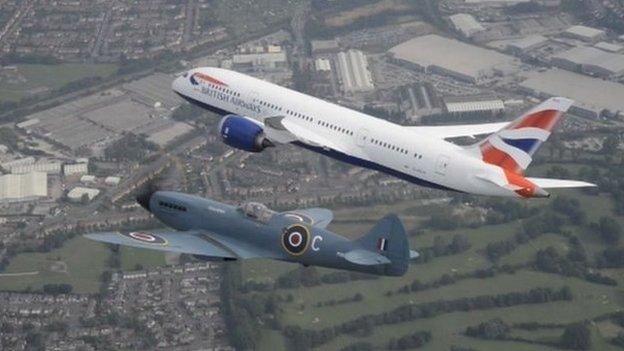 A Boeing Dreamliner plane and a Spitfire